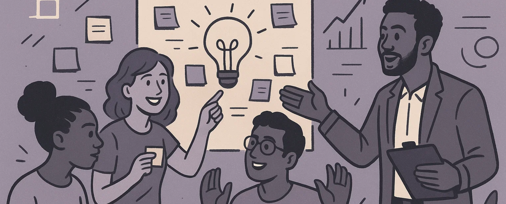 Illustration of a diverse team brainstorming around a whiteboard with a lightbulb, representing startup innovation.
